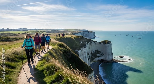 Group of Hikers Walking Along Cliffs at Dusk in Ireland.