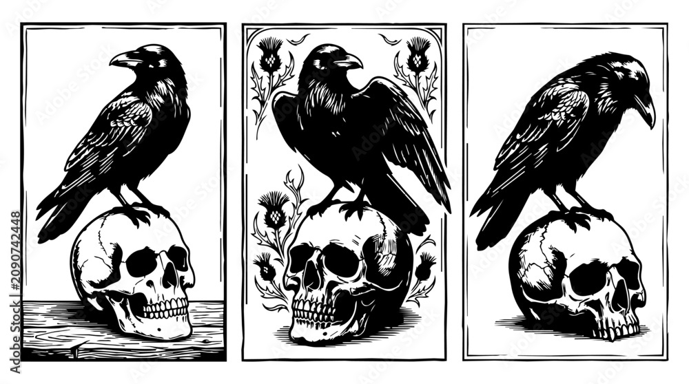 Obraz premium Raven on Skull Woodcut Illustration Set Gothic Art Vector