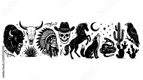 Wild West Symbols Set Vector Illustration Black and White