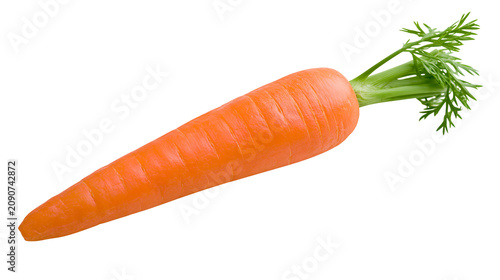 Canvastavla Bright orange carrot with green leafy tops, isolated on transparent background