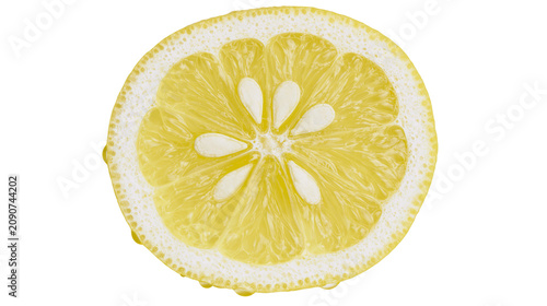 Foto Juicy yellow lemon slice with white pith and seeds, isolated on transparent back