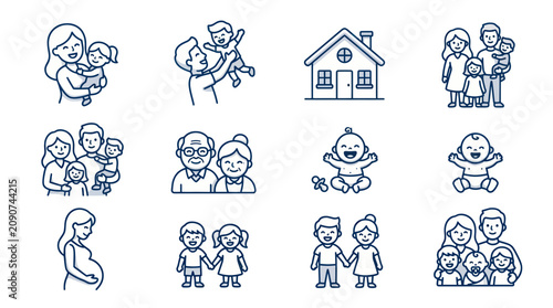 Konstfotografi Family Icons Set: Parents, Children, Baby, Pregnancy, Grandparents, House
