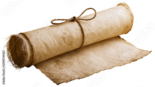 Quadro su tela Rolled ancient parchment scroll tied with rough twine, isolated on transparent b