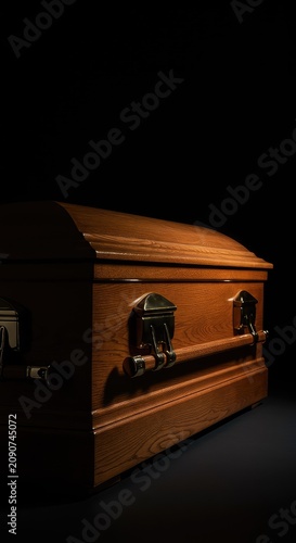 A richly stained and polished wooden casket resting in a somber, dimly lit setting, symbolizing final repose and eternal rest ,closed ,dignified ,burial