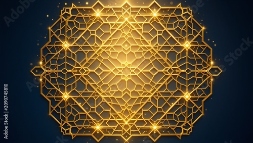 Golden Islamic Geometric Lattice Pattern with Glowing Bokeh for Diwali Festival Background, Elegant Celebration Template