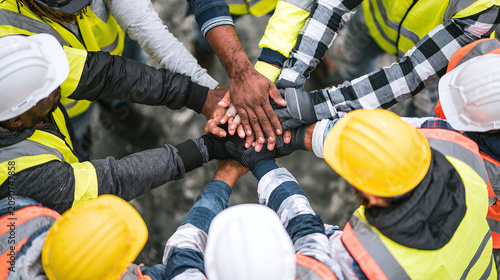 Diverse construction workers unite hands in a powerful teamwork gesture
