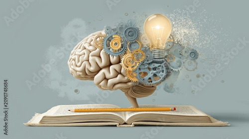 Art Collage with Human Brain, Stack of Books, Gears and Light Bulb, Library, Education, Learning and Creative Idea Concept