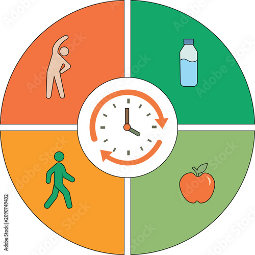 Healthy food pie chart infographic with fitness icons