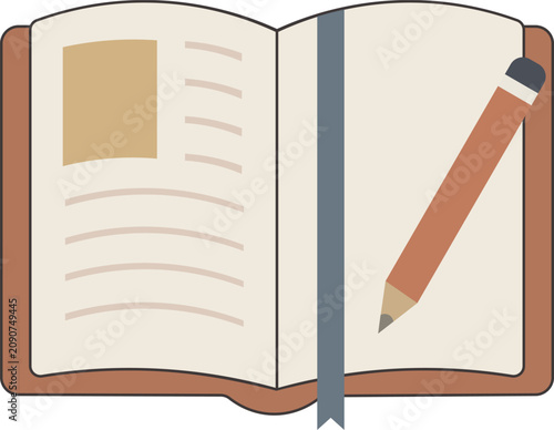 Open book with blank pages and pencil vector illustration