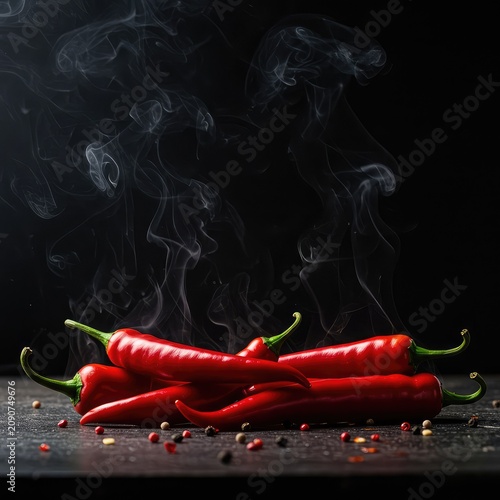 Fiery red chili peppers on a dark backdrop, intensely hot and releasing thick plumes of cooking steam, highlighting the raw spice and culinary heat ,fiery ,pungent ,backdrop