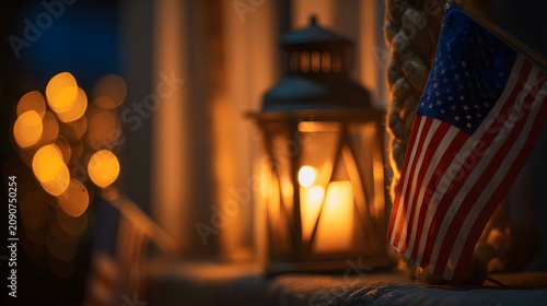 A small American flag stands next to a glowing lantern with a lit candle, creating a warm, patriotic atmosphere at dusk.