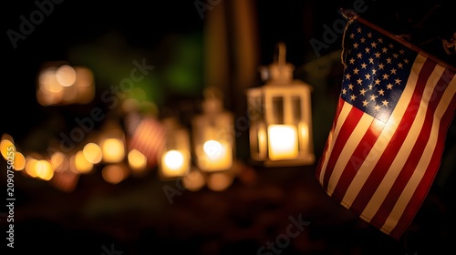 American flag illuminated at night with glowing lanterns in the background, creating a warm and patriotic atmosphere.