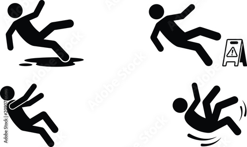 Obraz na plátně Slippery floor wet hazard stick figure icons set featuring stumbling falling hum
