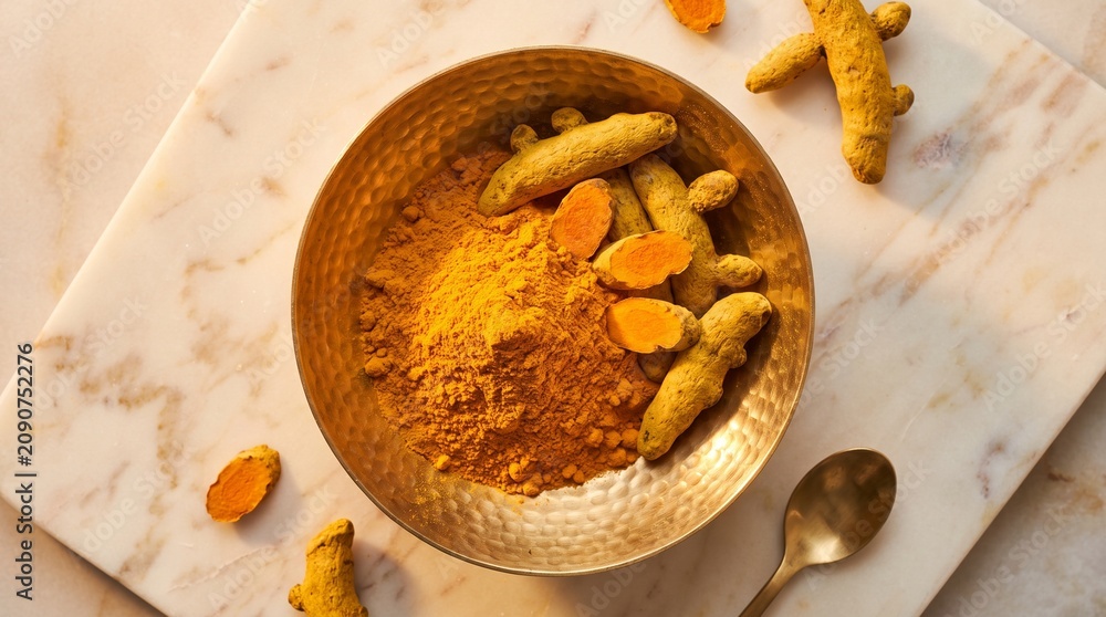 Fototapeta premium Turmeric Powder with Fresh Rhizomes and Slices in Golden Bowl on White Marble Board