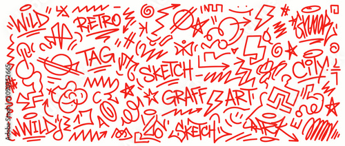 Red marker graffiti tags and urban street art doodles pattern
