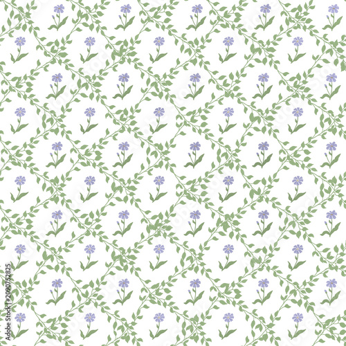 Intertwining green vines with miniature lilac flowers on a pure white background. Delicate seamless pattern. Watercolor illustration. for wallpaper, textiles, packaging and digital backgrounds.
