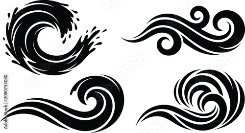 Konstfotografi Ocean waves and decorative wind swirls icon set with abstract sea splash crests
