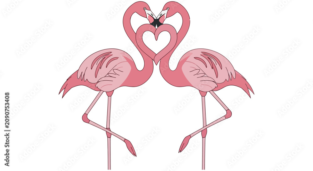 Obraz premium Two Flamingos Forming A Heart Shape Pink Vector Illustration On White Background