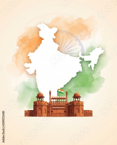 India Independence Day watercolor background with red fort and indian map.