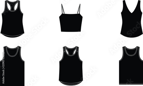 Obraz na plátně Blank black tank top mockup set vector icon collection technical fashion illustr