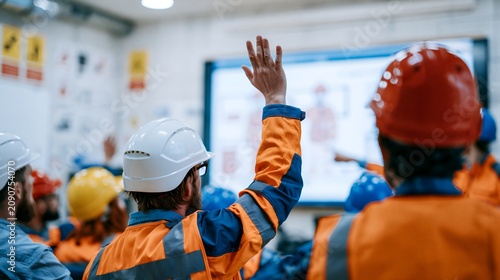 Construction workers in hard hats raise hands during meeting. Safety vests and helmets visible