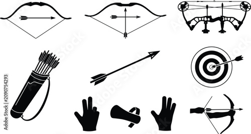 Tableau sur toile Archery equipment silhouette vector icon set featuring traditional bows compound