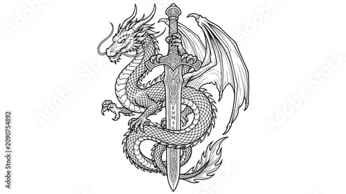 Fotografie Dragon, sword, mythical creature, fantasy icon, black and white vector illustrat