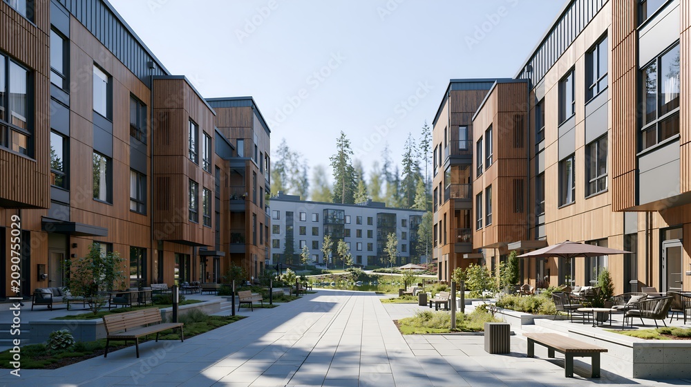 Fototapeta premium Modern wooden apartment buildings line a sunlit courtyard. Benches and greenery decorate the paved walkway