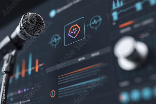 Background for educational content on a microphone and audio interface display in a recording studio setup