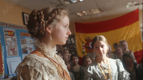 Students celebrate Spanish Language Day with traditional attire and activities in a classroom setting in Spain during a school event