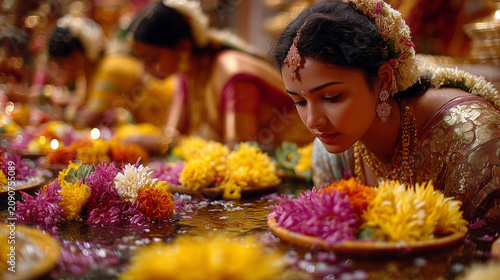 People celebrate Ugadi festival by offering flowers and prayers at a decorated water area in a temple setting during daylight hours
