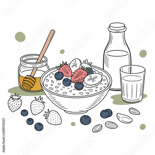 Hand drawn food illustration of a healthy breakfast bowl with fresh berries and milk in a modern minimalist style