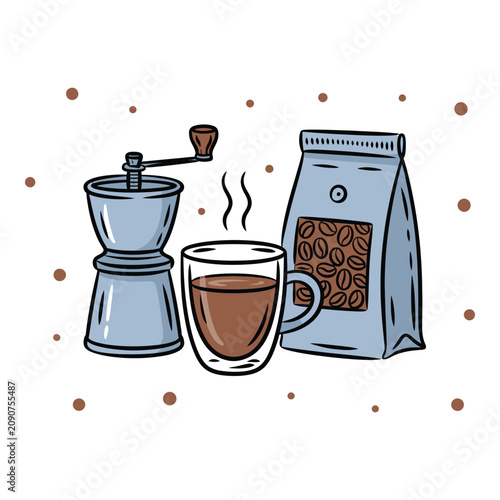 Hand drawn illustration of coffee grinder cup and beans in a flat artistic style