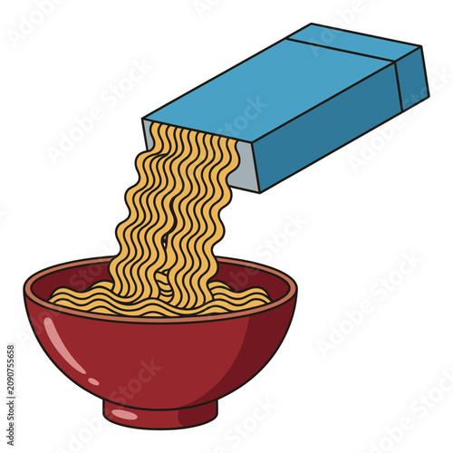Instant noodles pouring from a blue box into a red bowl cartoon illustration