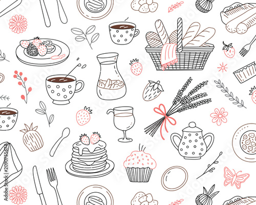 Hand drawn illustration pattern of breakfast food items in a sketch style