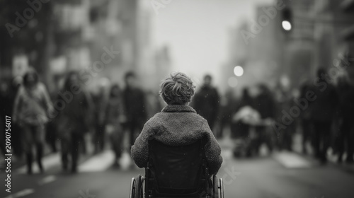 Crowd walks by a person in a wheelchair during Day of the Disabled event in the city streets