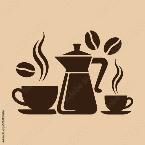 Minimalist Vintage Coffee Illustration Featuring A Pot And Steaming Cups
