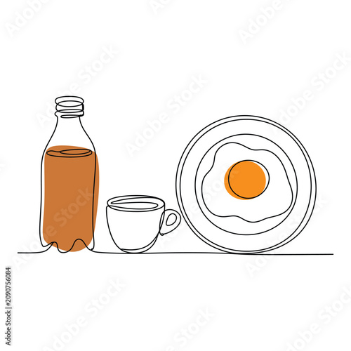 Minimalist line art illustration of breakfast with egg and coffee in a simple continuous line style