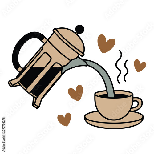 Pouring hot coffee from a French press into a ceramic cup with heart icons in a minimalist flat illustration style