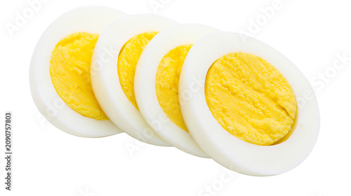 Obraz na płótnie Four sliced hard-boiled eggs with bright yellow yolks, isolated on transparent b