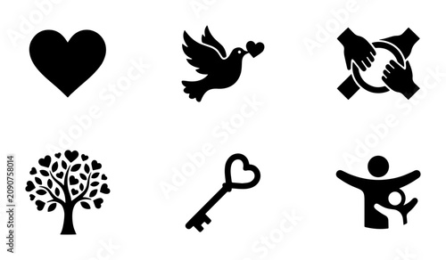 Canvastavla Set of 6 Black Vector Icons: Heart, Dove, Hands, Tree, Key, Family Silhouette -