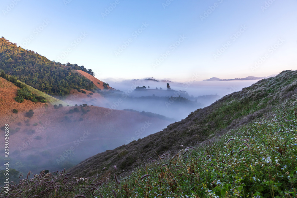 Obraz premium Morning sunrise with fog and mountain scenery