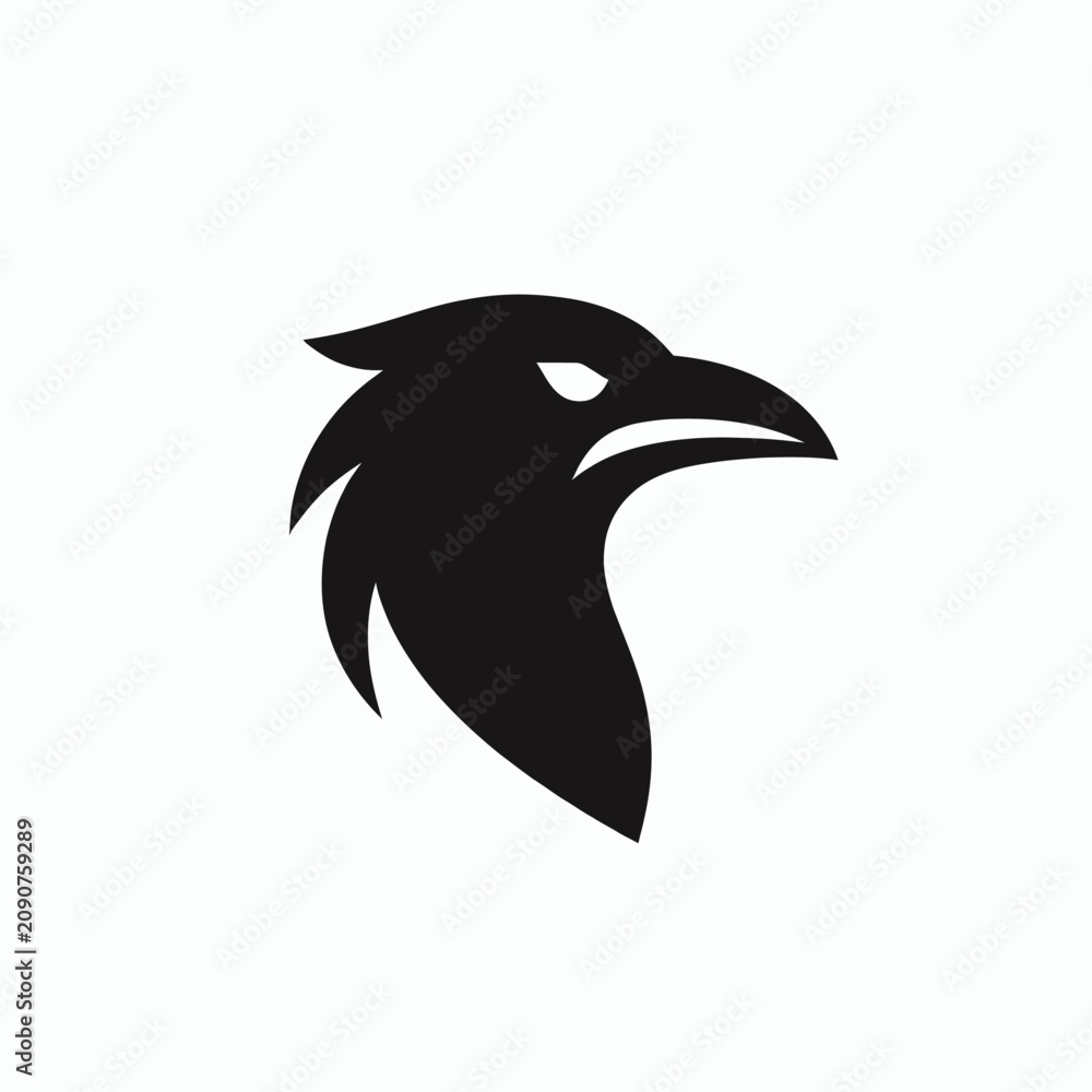 Naklejka premium A minimalist black silhouette of a raven's head with sharp, angular features and glowing white eyes.