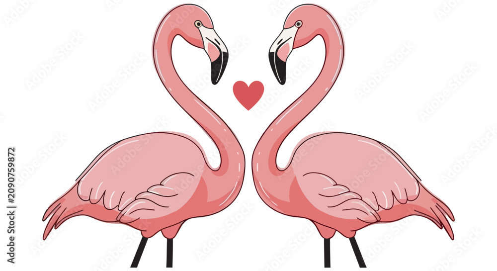 Obraz premium Two pink flamingos forming a heart shape colorful vector illustration on a white background
