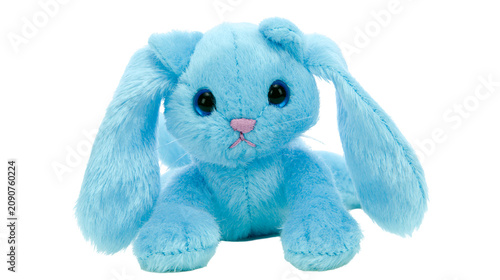Photos Fluffy blue plush bunny rabbit with long ears, isolated on transparent backgroun