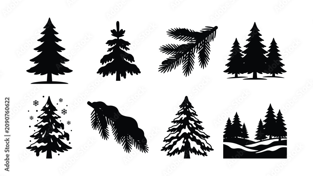 Obraz premium Pine and Christmas Trees Silhouette Set with Winter Forest Landscapes Snowy Firs and Conifer Branches Isolated on White Background