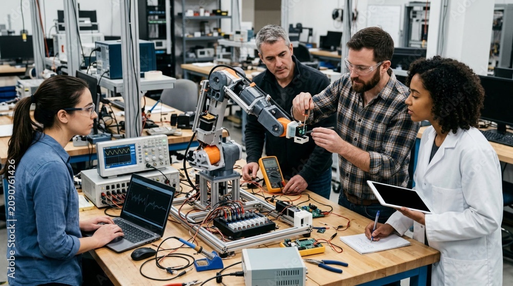 Fototapeta premium A group of engineers testing a robot prototype on a lab workbench, collaborating on advanced robotics technology with electronic equipment, oscilloscopes, and tools in engineering workspace.