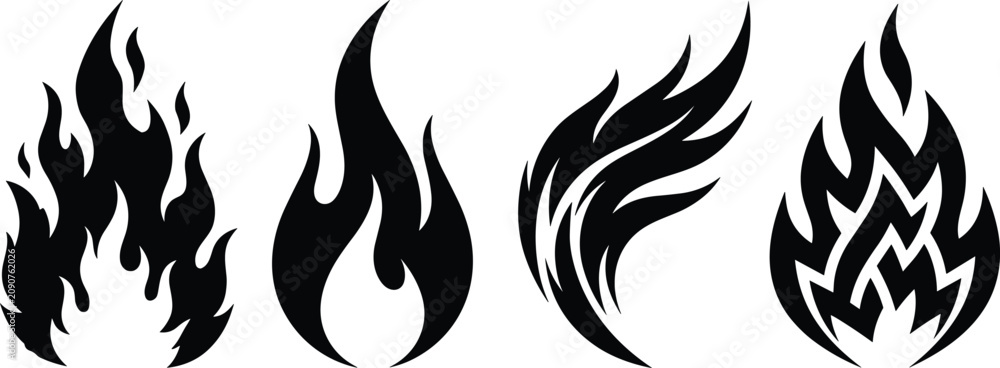 Εκτύπωση καμβά Fire flame silhouette icons set with abstract campfire sparks hot blazing tongue