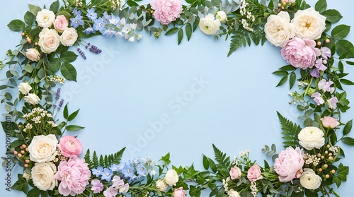 Flowers and green leaves border