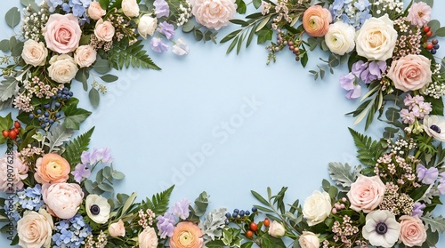 Flowers and green leaves border
